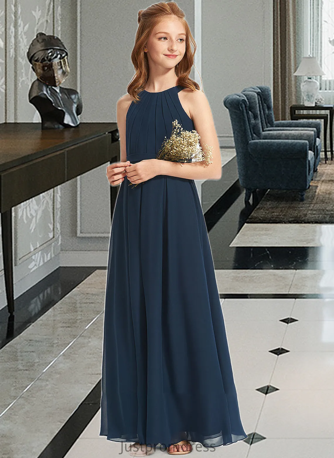 Marianna A-Line Scoop Neck Floor-Length Chiffon Junior Bridesmaid Dress With Ruffle HHP0013397