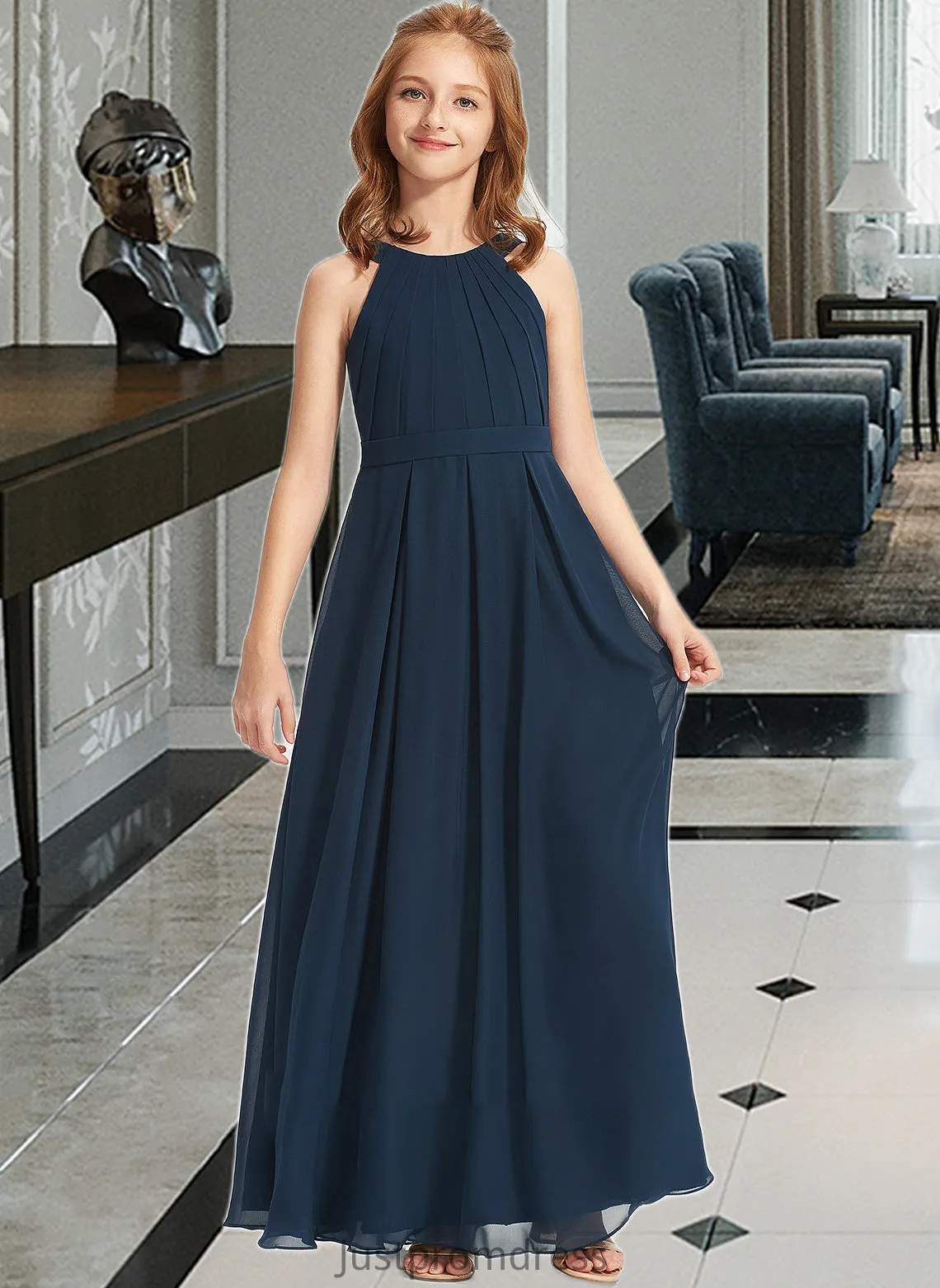 Marianna A-Line Scoop Neck Floor-Length Chiffon Junior Bridesmaid Dress With Ruffle HHP0013397