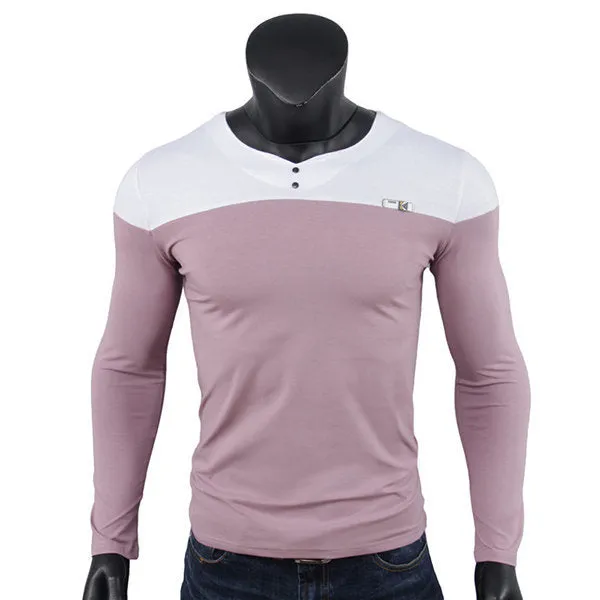 Mens Contrast Color Slim Fit V-Neck Long Sleeve T-Shirt