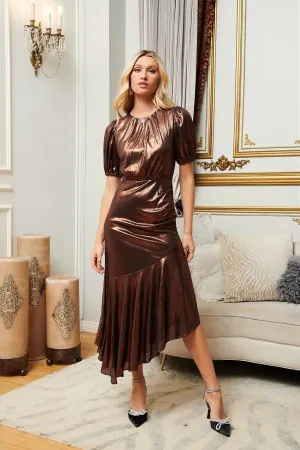 Metallic Copper Asymmetrical Maxi Dress