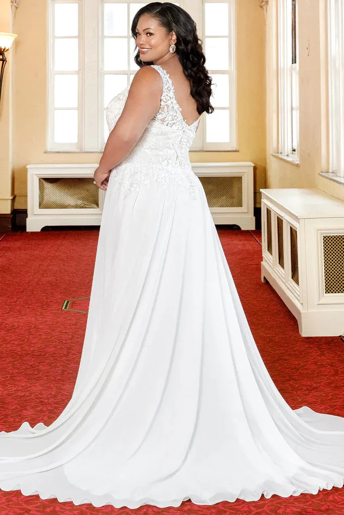 Michelle Bridal For Sydney's Closet MB2303 A-Line Modified Empire Waistline Chiffon Floral Lace With Sequins V-Neck Backless Plus Size "Radhika" Bridal Dress