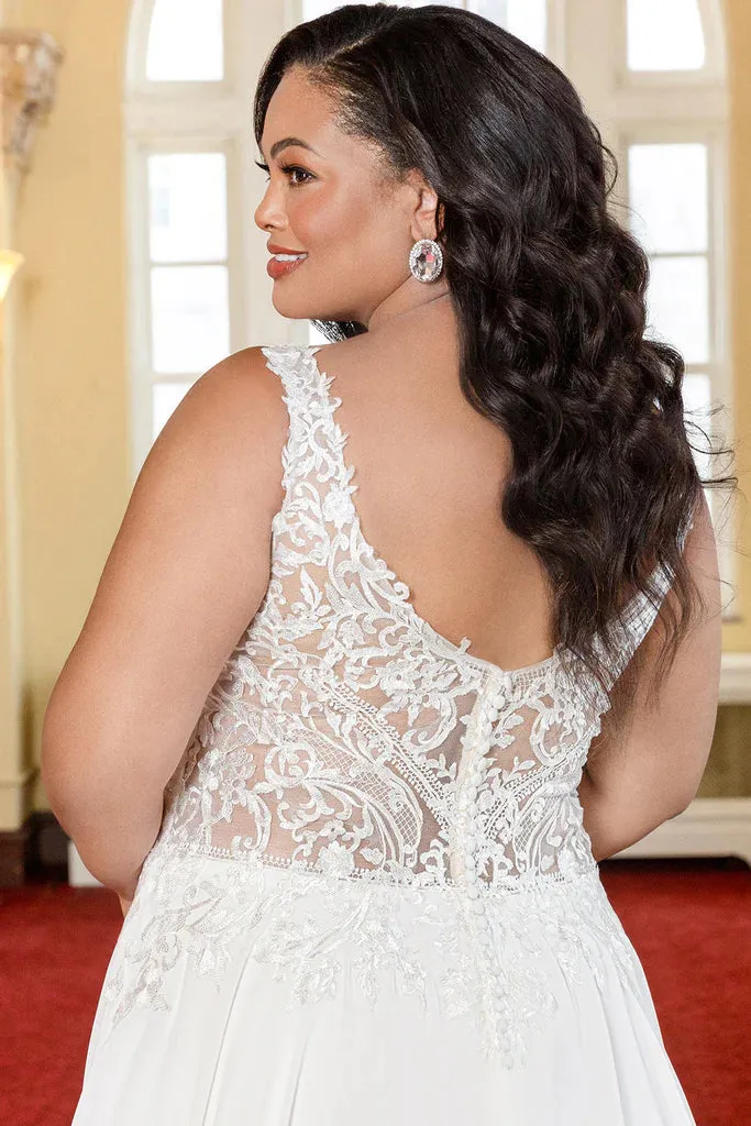 Michelle Bridal For Sydney's Closet MB2303 A-Line Modified Empire Waistline Chiffon Floral Lace With Sequins V-Neck Backless Plus Size "Radhika" Bridal Dress