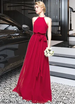 Milagros A-Line Scoop Neck Floor-Length Chiffon Bridesmaid Dress With Bow(s) SWKP0012902