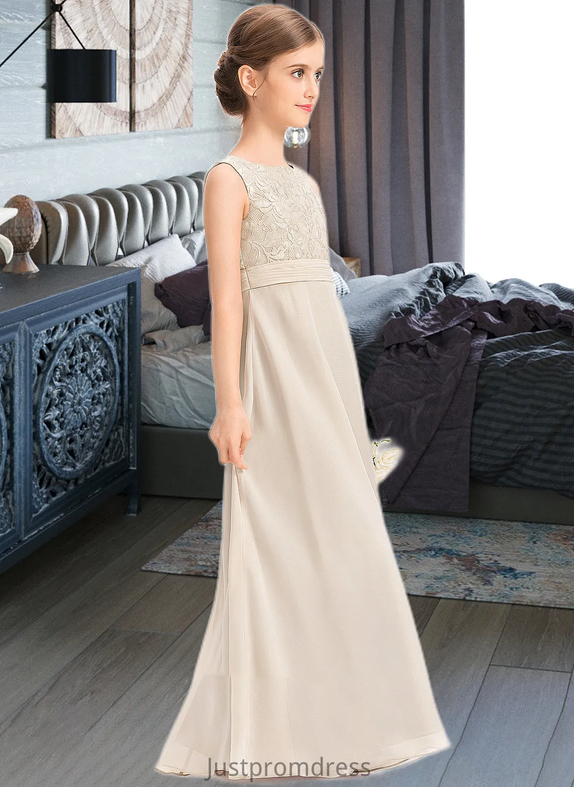 Mylee A-Line Scoop Neck Floor-Length Chiffon Lace Junior Bridesmaid Dress With Ruffle HHP0013360
