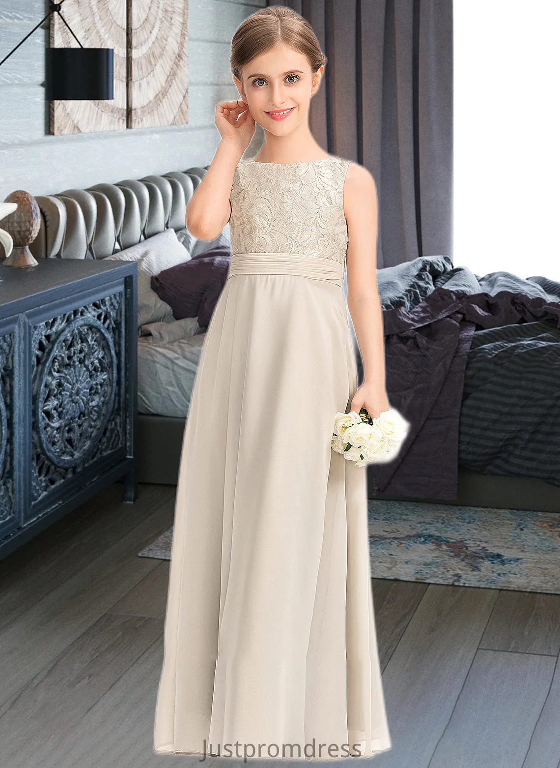 Mylee A-Line Scoop Neck Floor-Length Chiffon Lace Junior Bridesmaid Dress With Ruffle HHP0013360