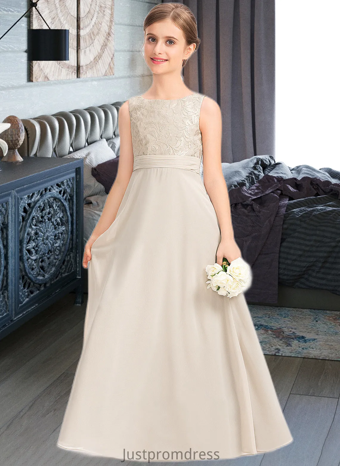 Mylee A-Line Scoop Neck Floor-Length Chiffon Lace Junior Bridesmaid Dress With Ruffle HHP0013360