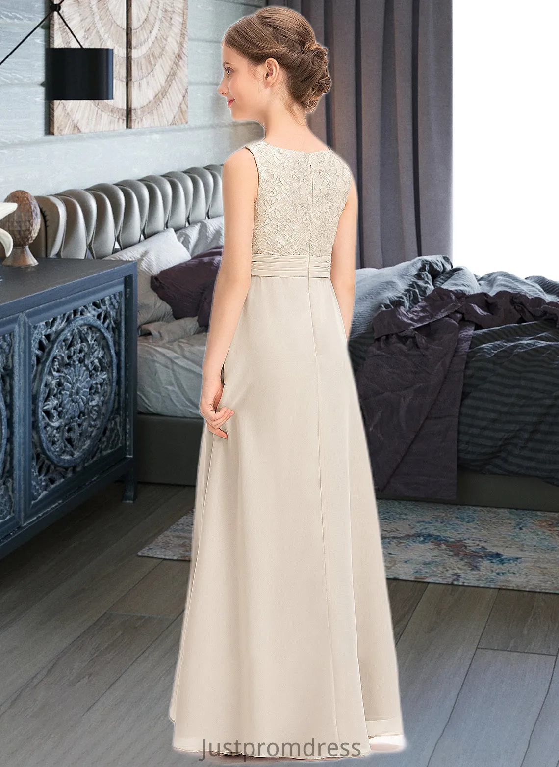 Mylee A-Line Scoop Neck Floor-Length Chiffon Lace Junior Bridesmaid Dress With Ruffle HHP0013360