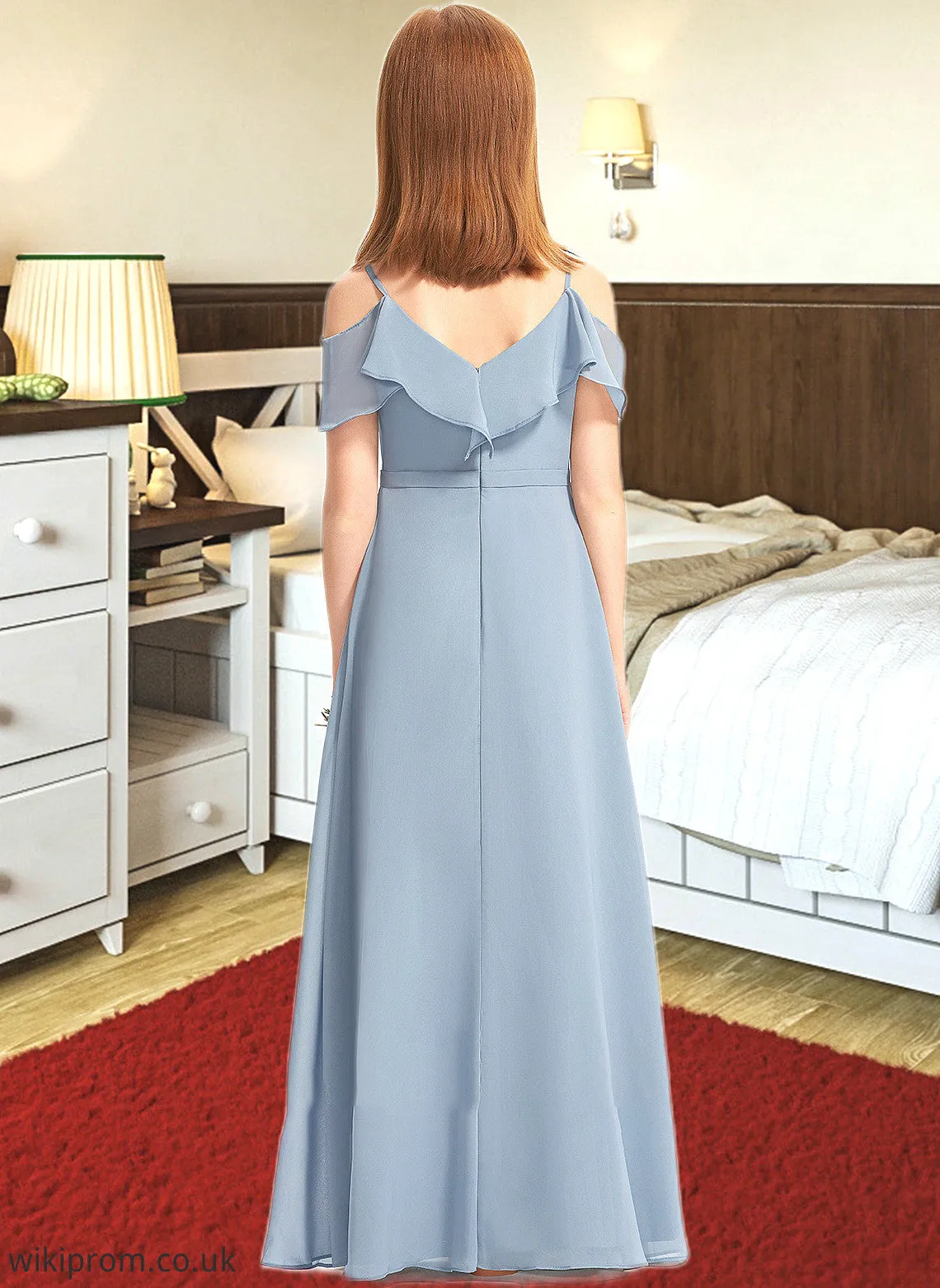 Nathalia A-Line Off-the-Shoulder Floor-Length Chiffon Junior Bridesmaid Dress With Ruffles SWKP0013334
