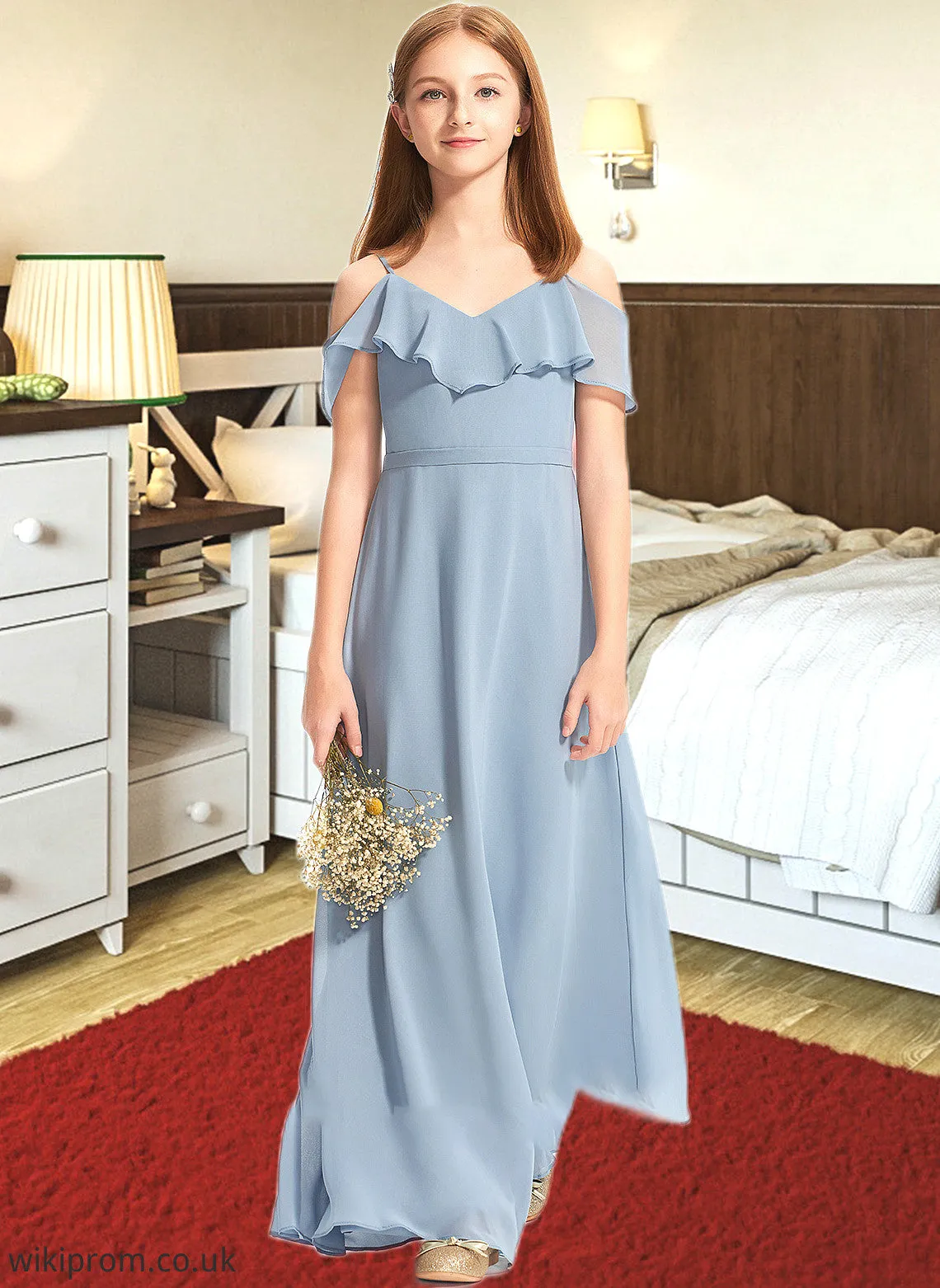 Nathalia A-Line Off-the-Shoulder Floor-Length Chiffon Junior Bridesmaid Dress With Ruffles SWKP0013334