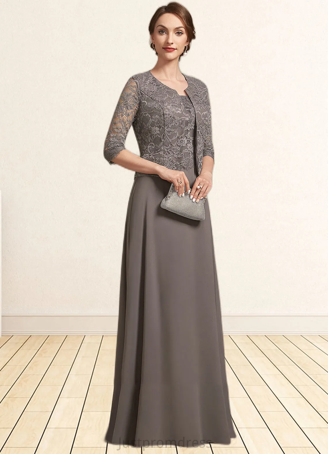 Nell A-Line Square Neckline Floor-Length Chiffon Lace Mother of the Bride Dress HH126P0014904