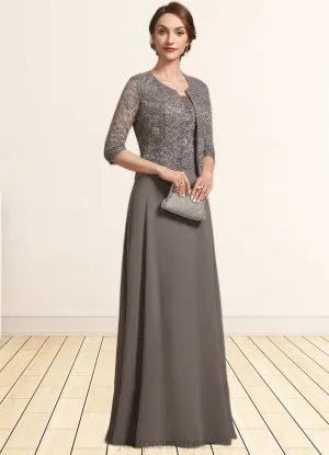 Nell A-Line Square Neckline Floor-Length Chiffon Lace Mother of the Bride Dress HH126P0014904