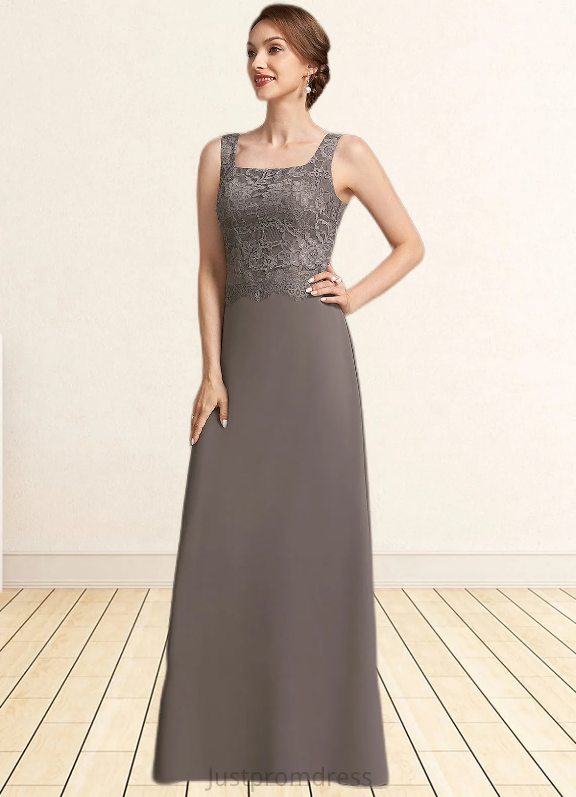 Nell A-Line Square Neckline Floor-Length Chiffon Lace Mother of the Bride Dress HH126P0014904