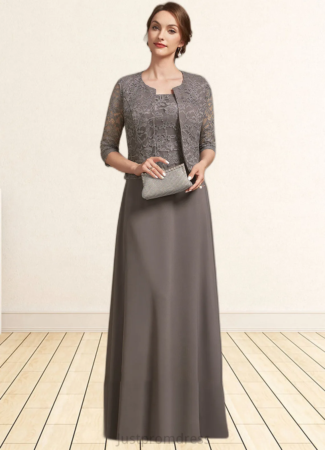Nell A-Line Square Neckline Floor-Length Chiffon Lace Mother of the Bride Dress HH126P0014904