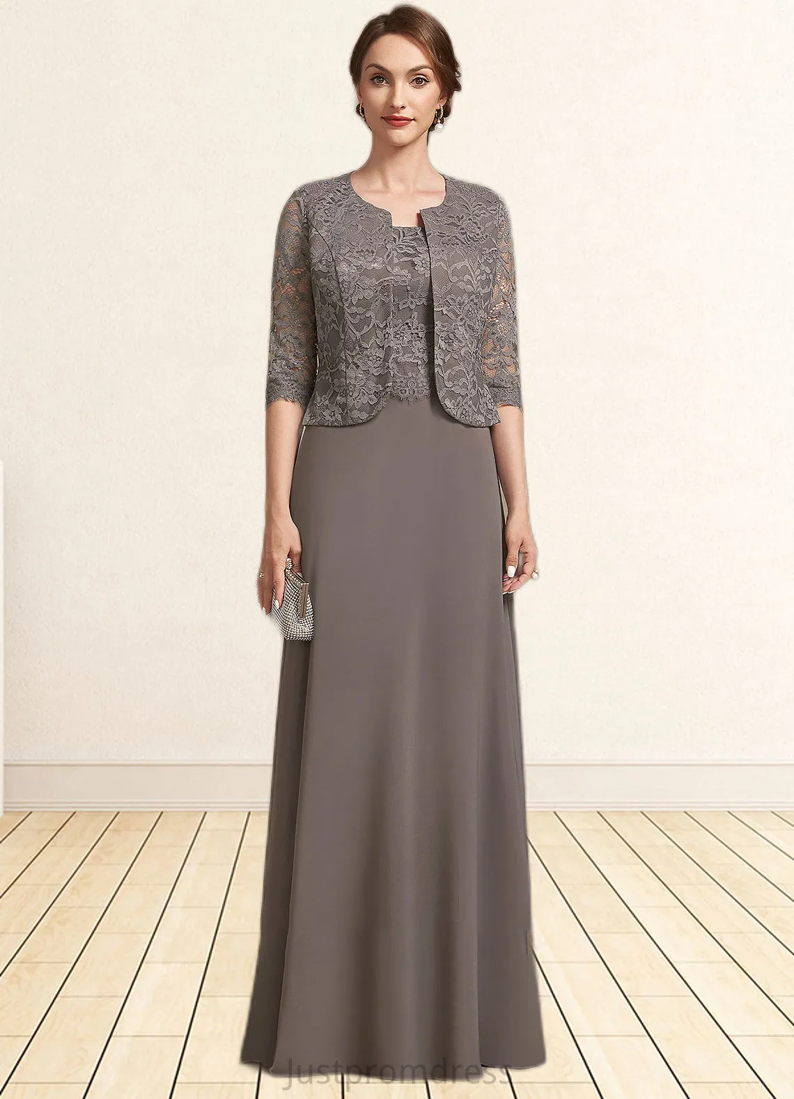 Nell A-Line Square Neckline Floor-Length Chiffon Lace Mother of the Bride Dress HH126P0014904