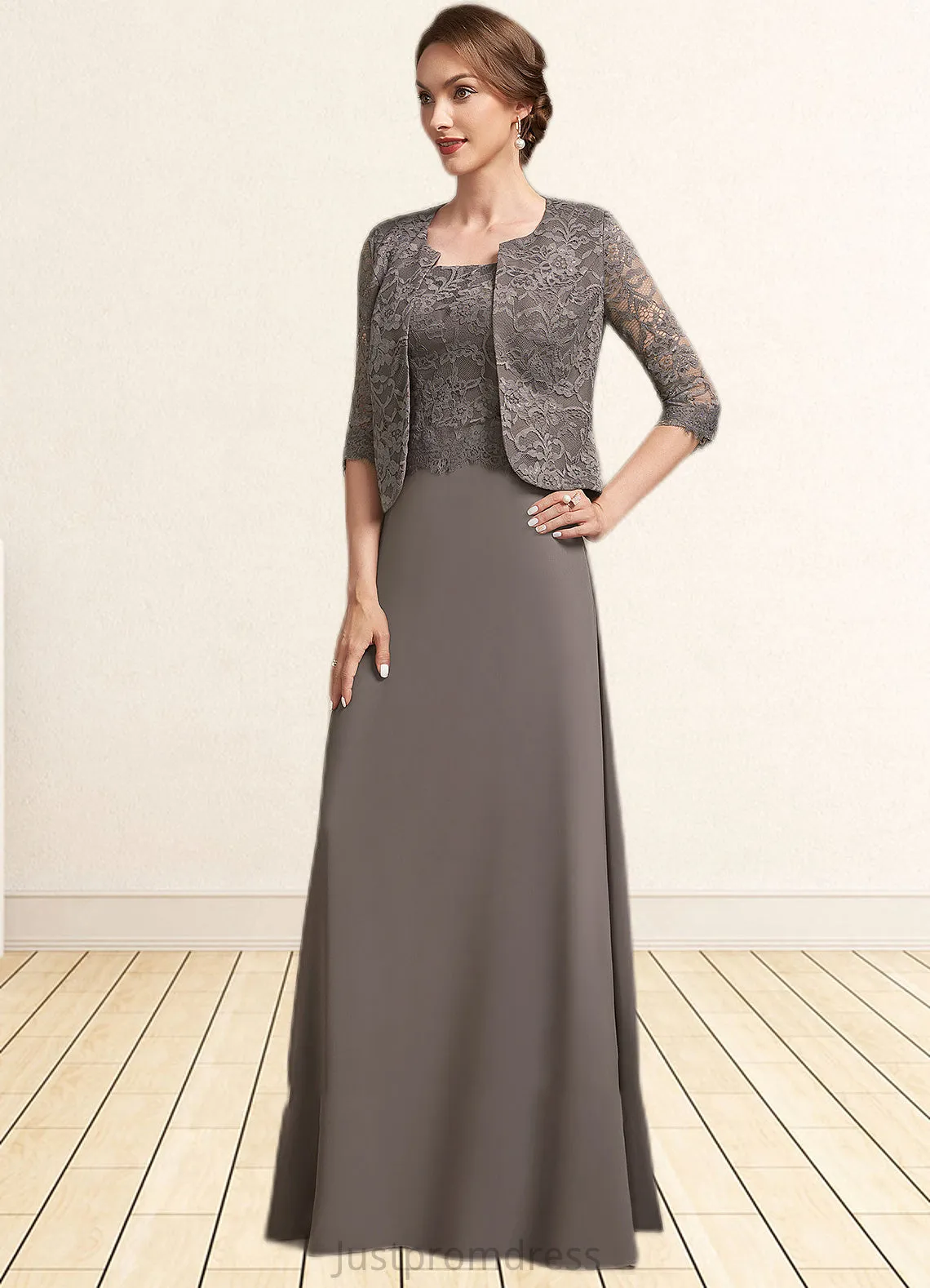 Nell A-Line Square Neckline Floor-Length Chiffon Lace Mother of the Bride Dress HH126P0014904