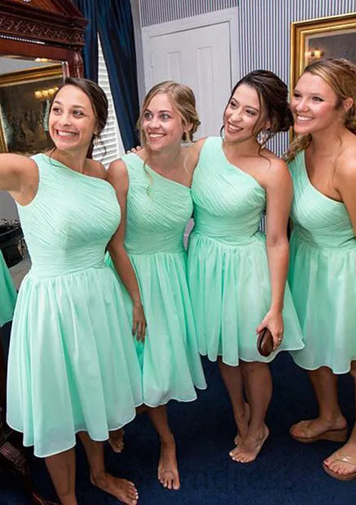 One-Shoulder Sleeveless Knee-Length Chiffon A-line/Princess Bridesmaid Dresseses With Pleated Amirah HHP0025545
