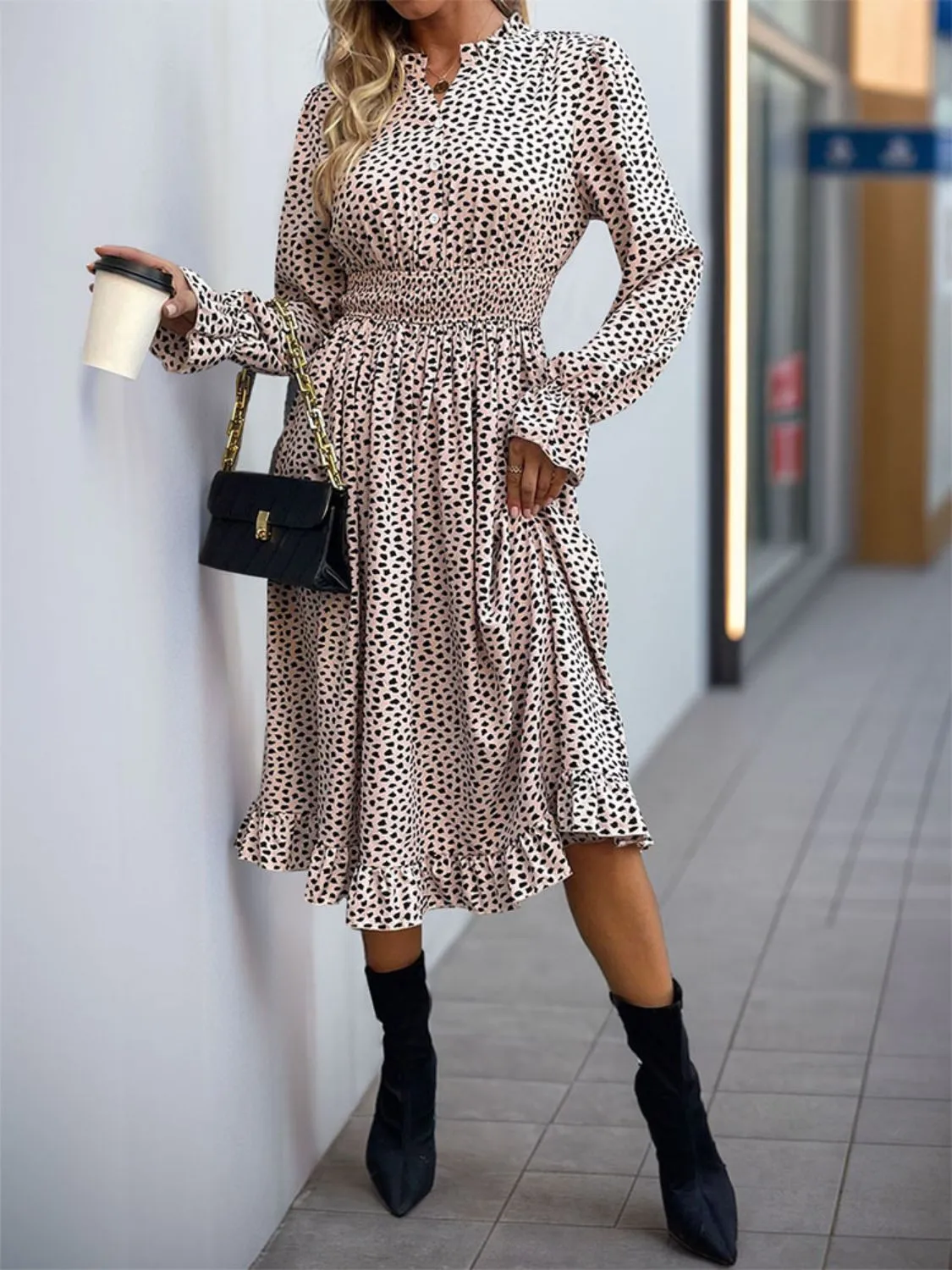 Perfee Ruched Ruffled Leopard Long Sleeve Dress