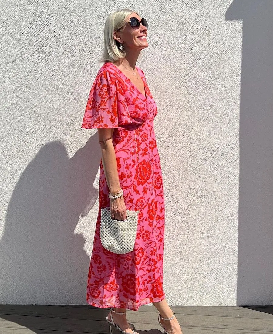 Pink Floral Chiffon Flutter Sleeve Midi