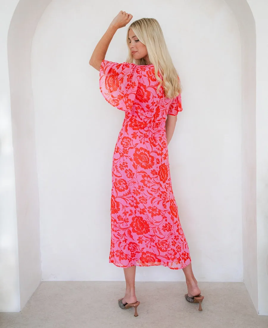 Pink Floral Chiffon Flutter Sleeve Midi