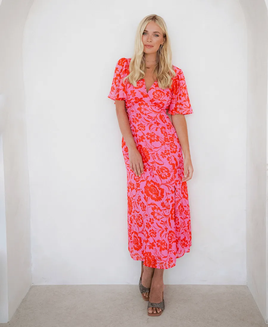Pink Floral Chiffon Flutter Sleeve Midi