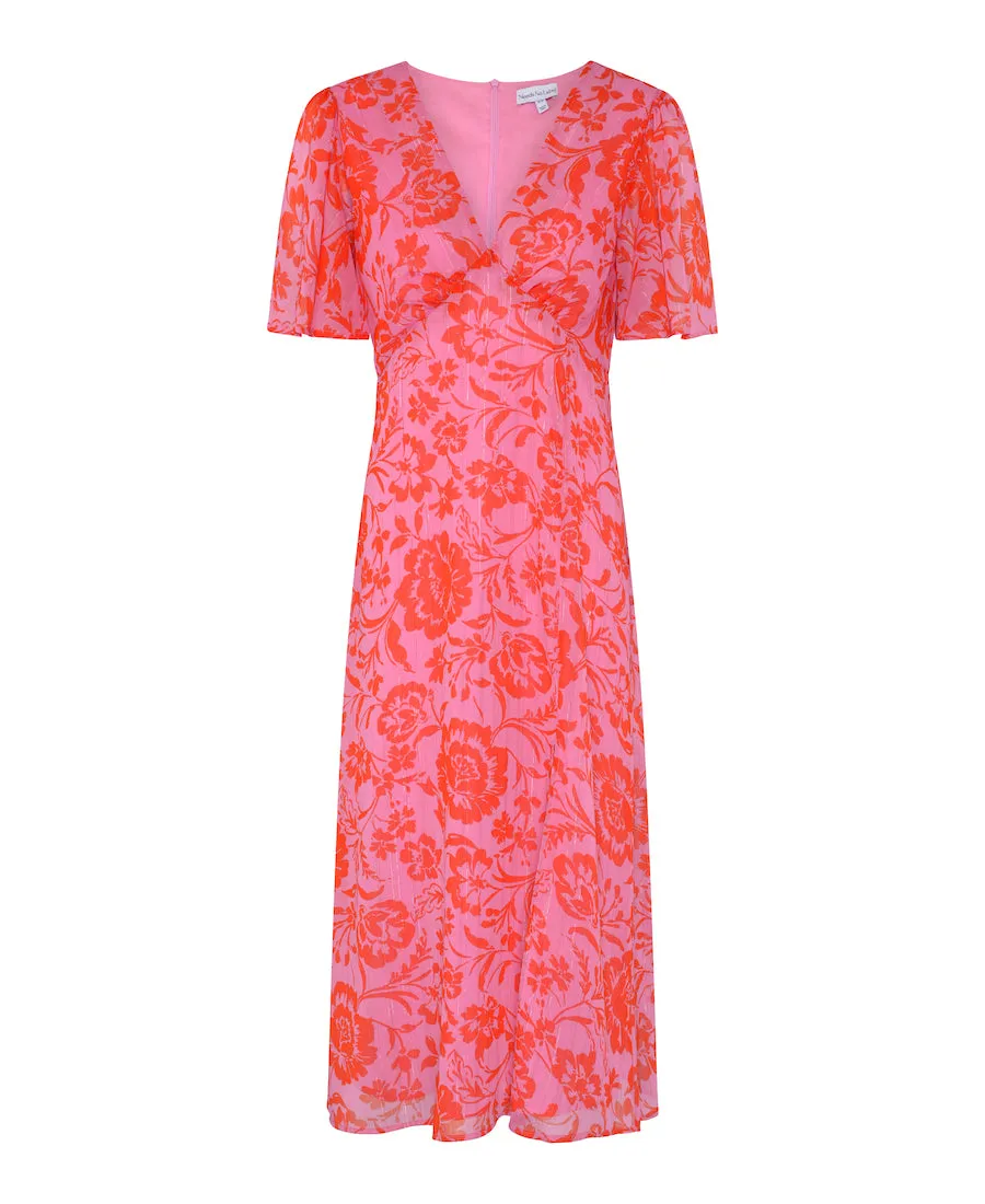 Pink Floral Chiffon Flutter Sleeve Midi