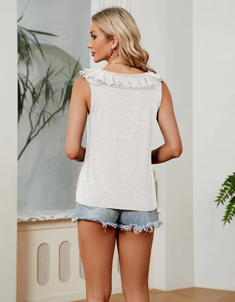 Plain Sleeveless Ruffled V-Neck Tank Top
