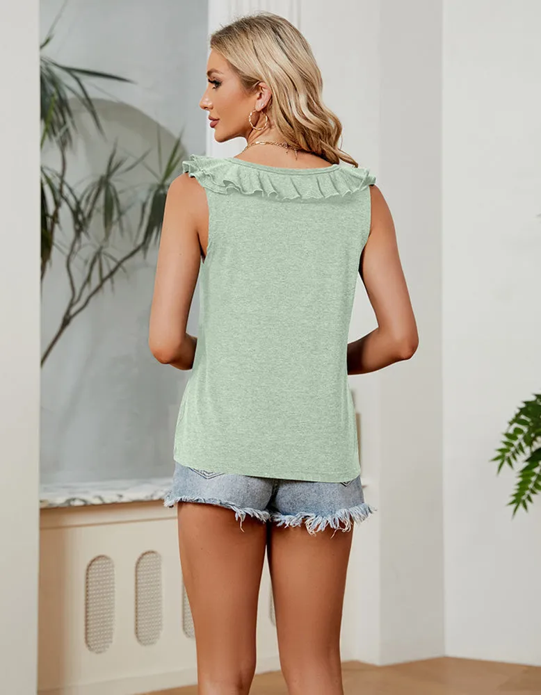 Plain Sleeveless Ruffled V-Neck Tank Top