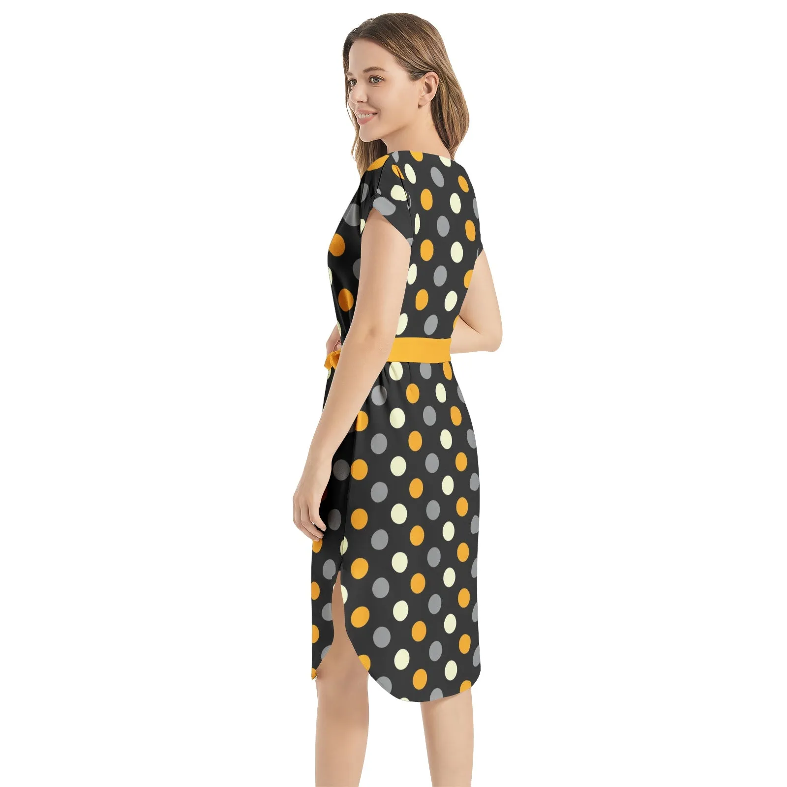 Polka dot Notched Neck Belted Dress