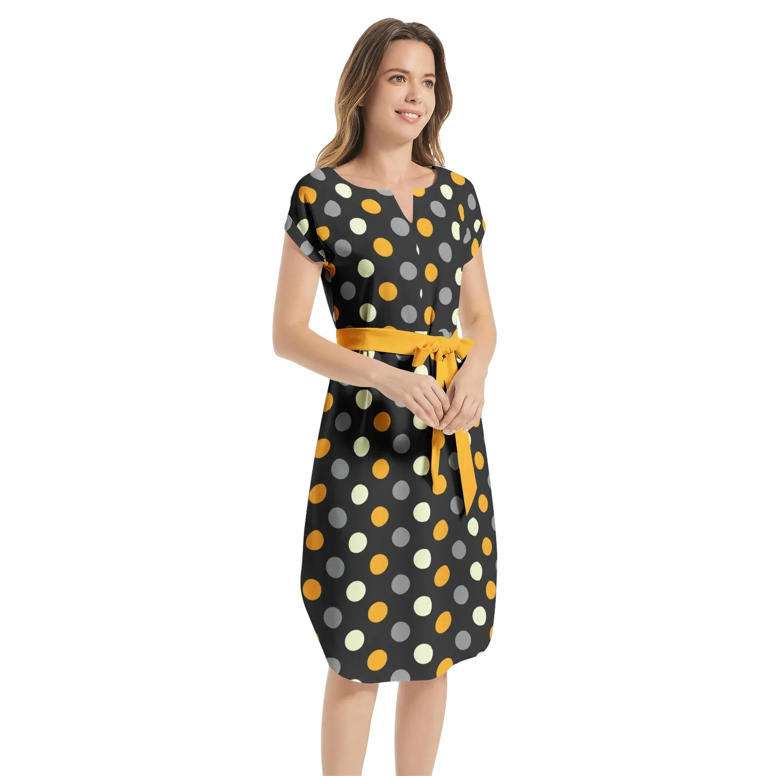 Polka dot Notched Neck Belted Dress
