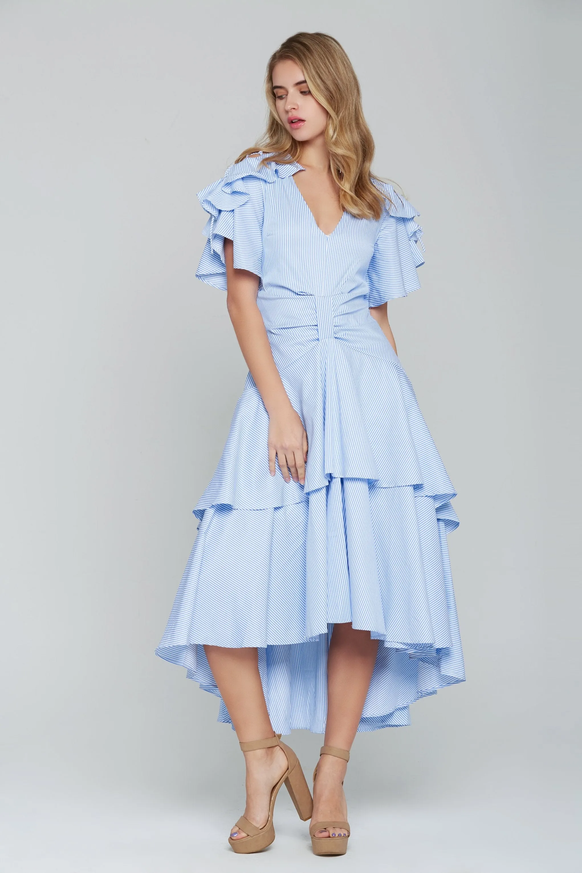Powder Blue Asymmetrical Ruffled Midi Dress