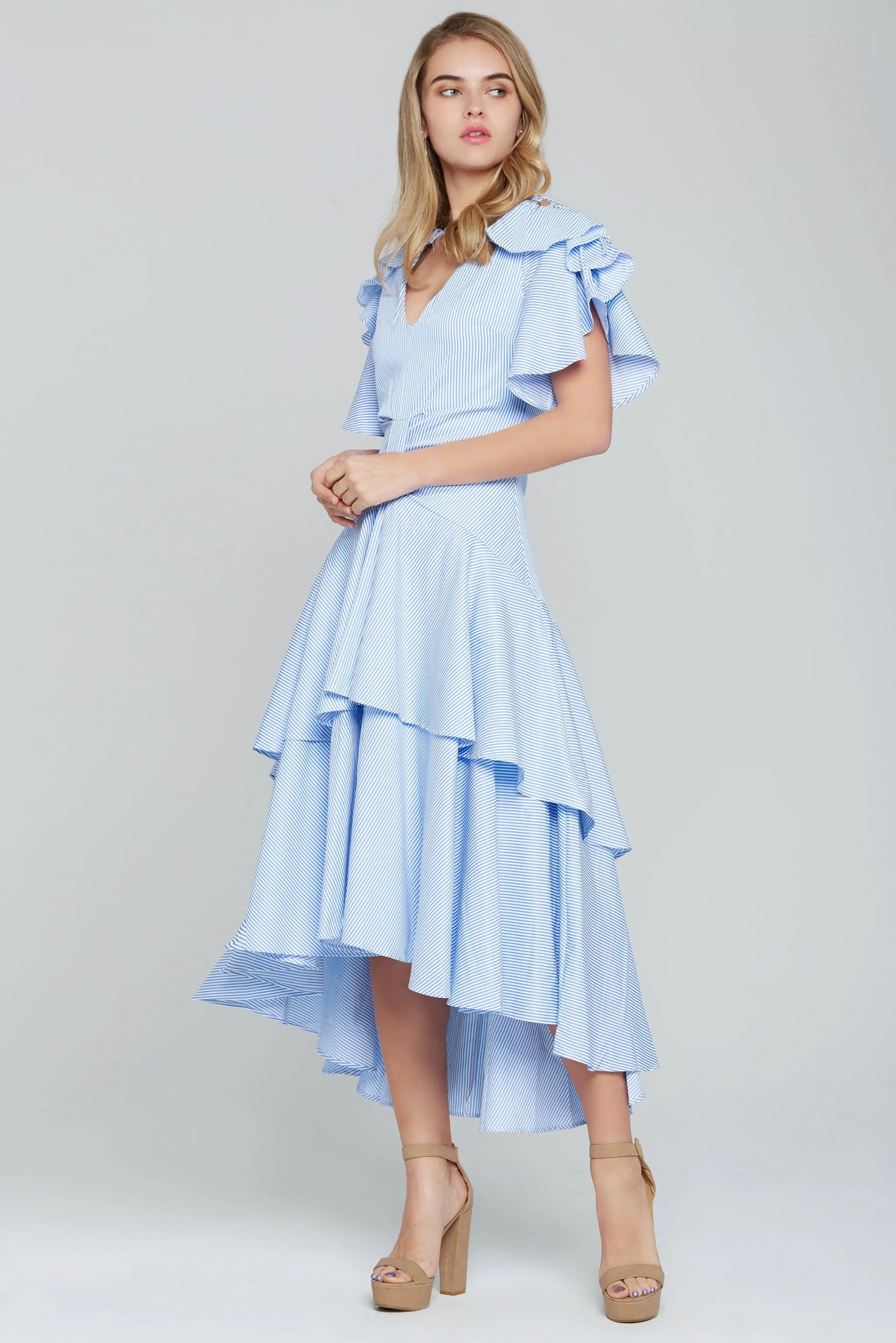 Powder Blue Asymmetrical Ruffled Midi Dress