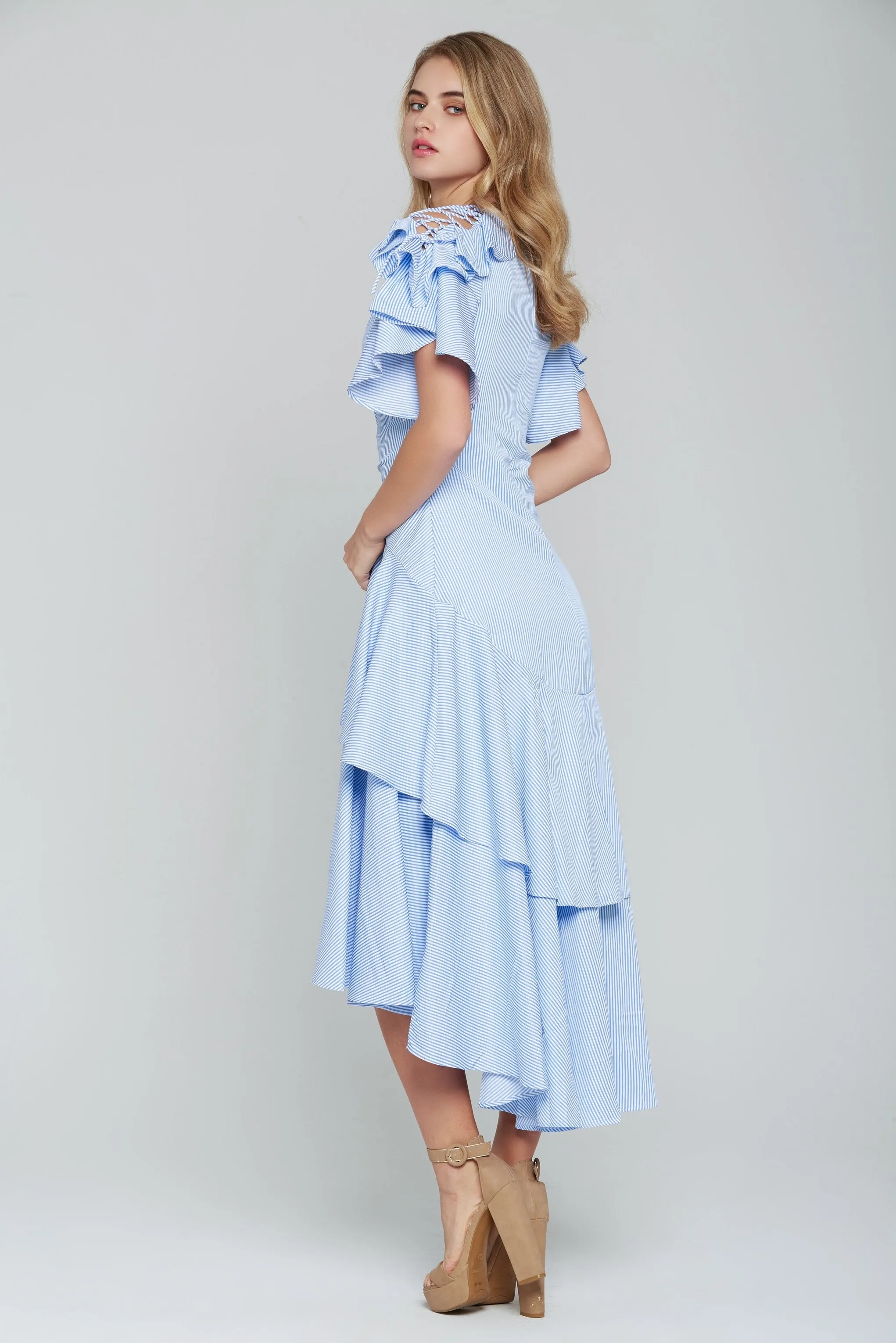 Powder Blue Asymmetrical Ruffled Midi Dress