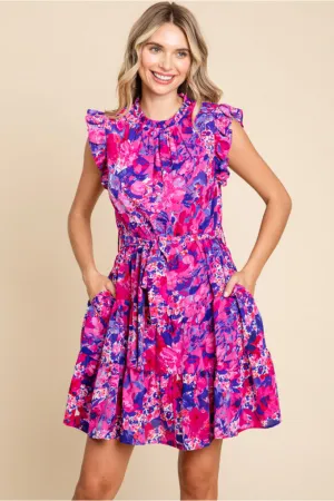 Print Dress W/Frilled Neck, Ruffled Shoulder, Belted Waistline, Side Pockets