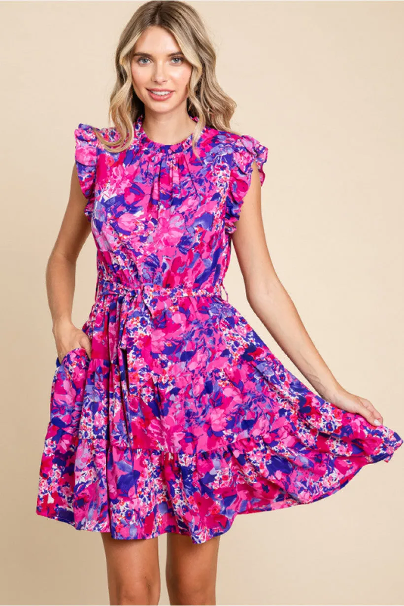 Print Dress W/Frilled Neck, Ruffled Shoulder, Belted Waistline, Side Pockets