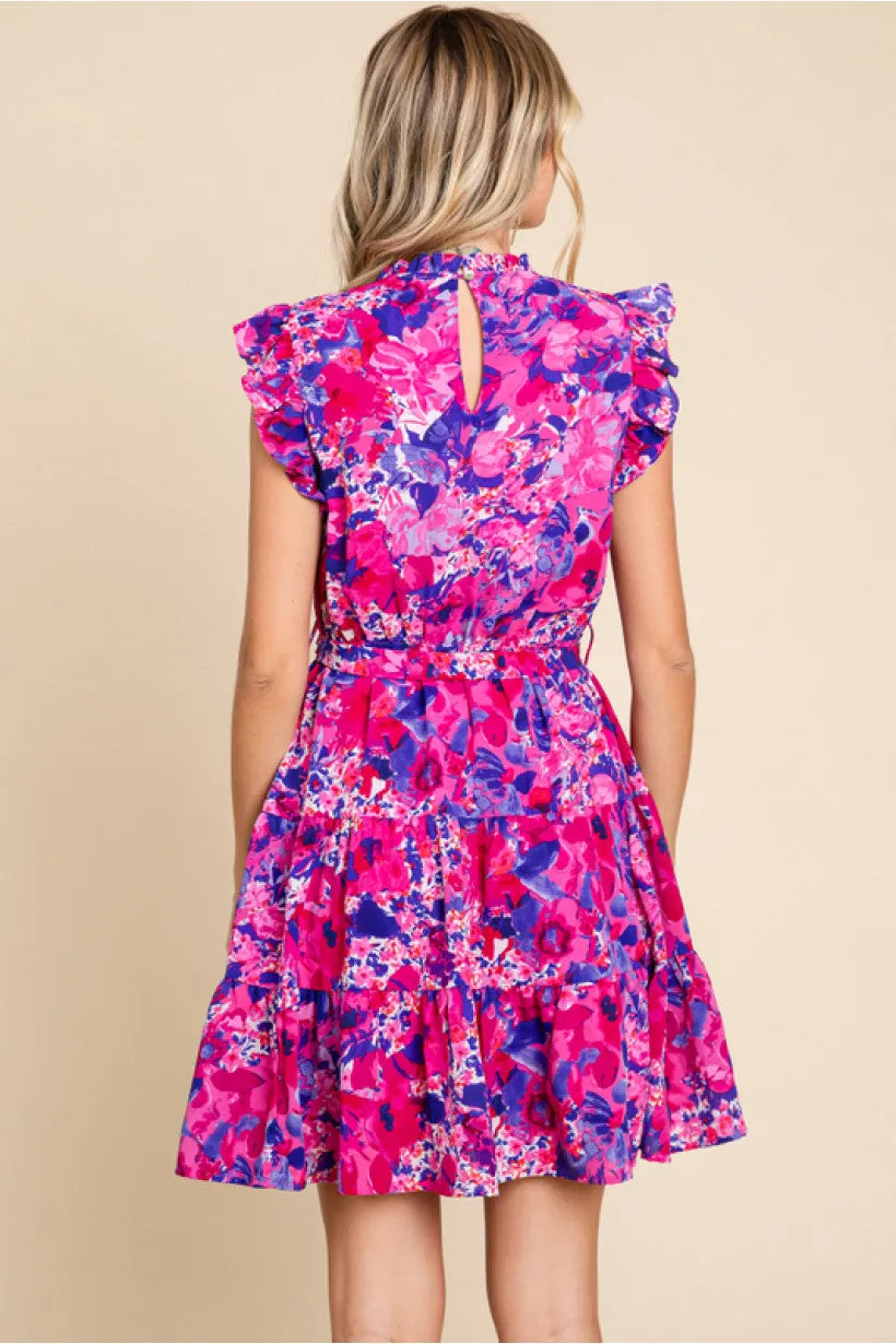 Print Dress W/Frilled Neck, Ruffled Shoulder, Belted Waistline, Side Pockets
