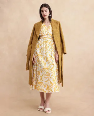 Rareism Women Janmink Light Mustard Viscose Fabric Ruffled Sleeve Square Neck Wrap Midi Abstract Print Dress