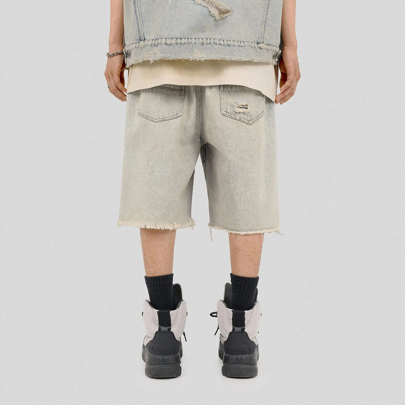 Raw Edge Distressed Denim Shorts