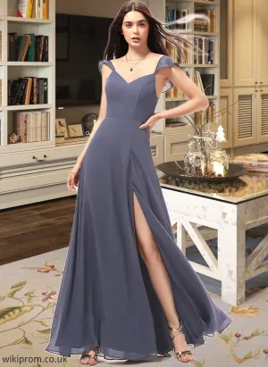 Rayna A-Line V-neck Floor-Length Chiffon Bridesmaid Dress With Split Front SWKP0013086