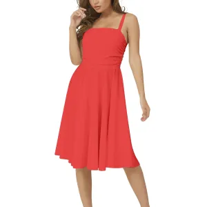 Red Sleeveless Square Neck Flare Hem Midi Dress
