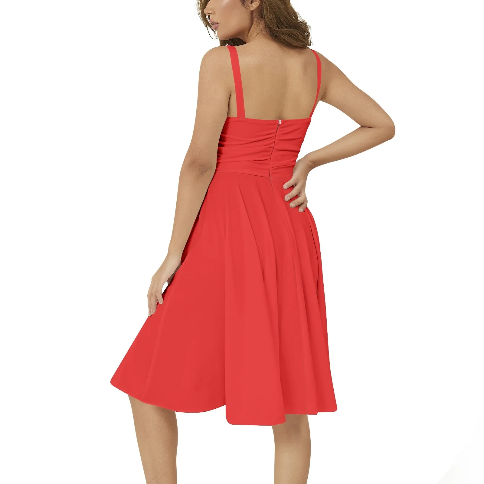 Red Sleeveless Square Neck Flare Hem Midi Dress