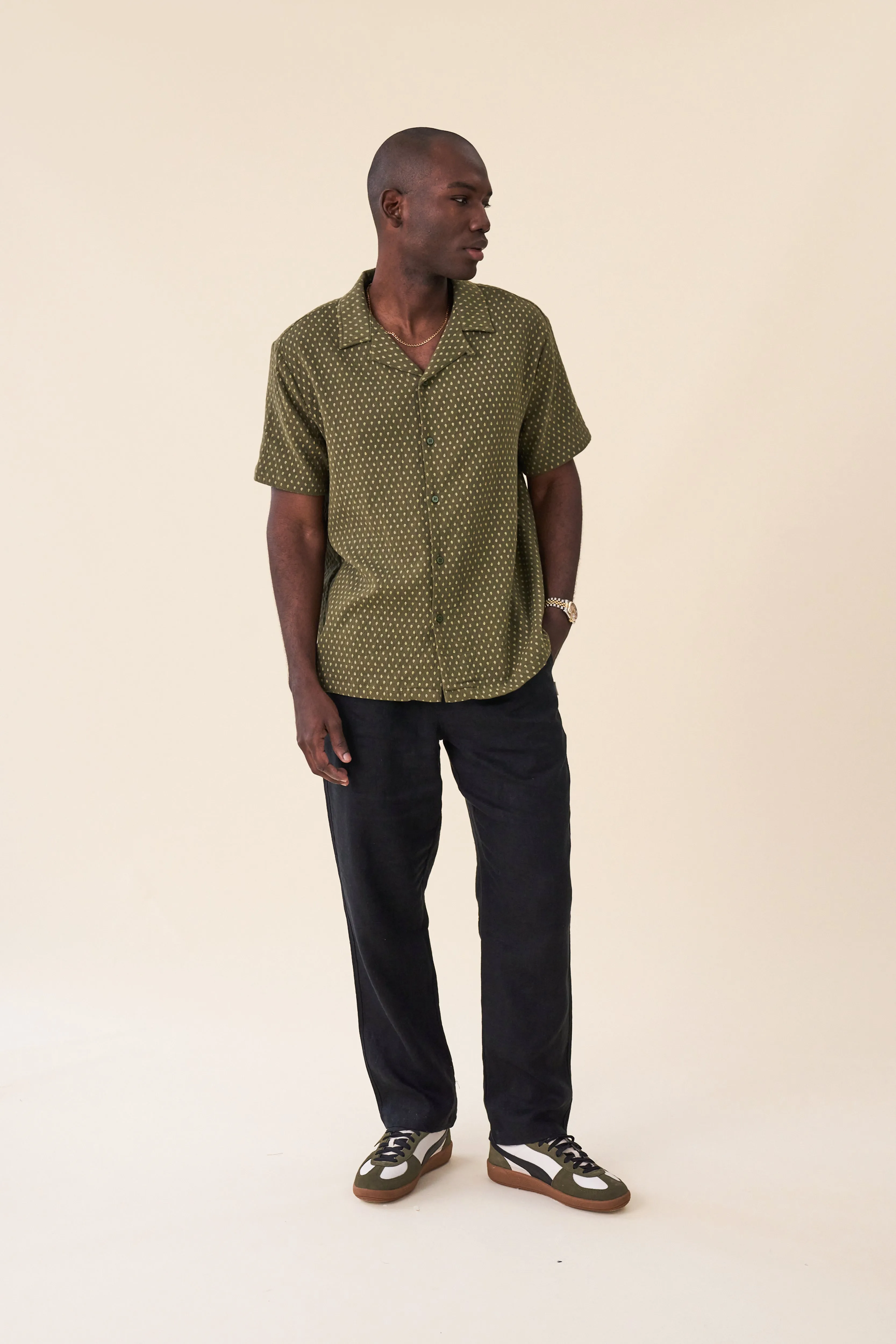 RELAXED WIDE LEG LINEN TROUSERS - BLACK