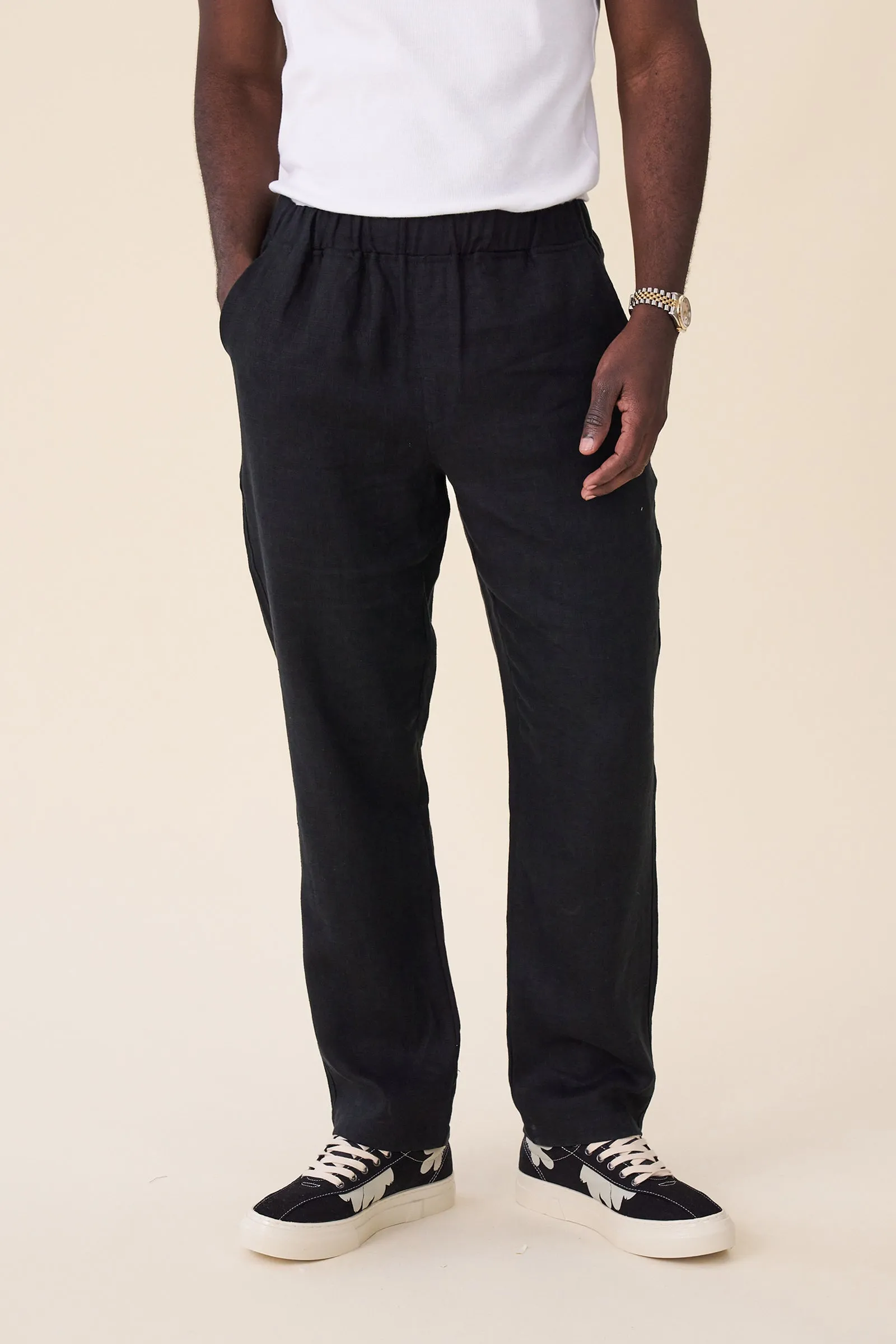RELAXED WIDE LEG LINEN TROUSERS - BLACK