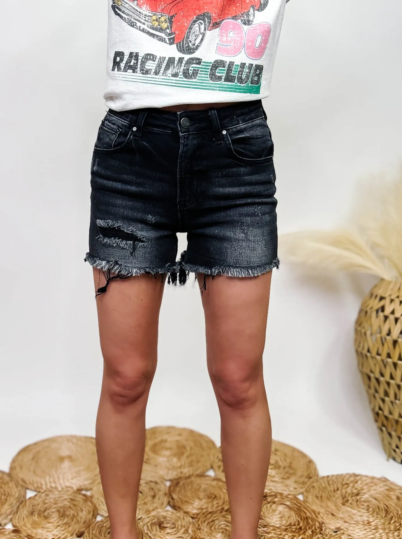 Risen Distressed Washed Black Denim Shorts with Frayed Hem