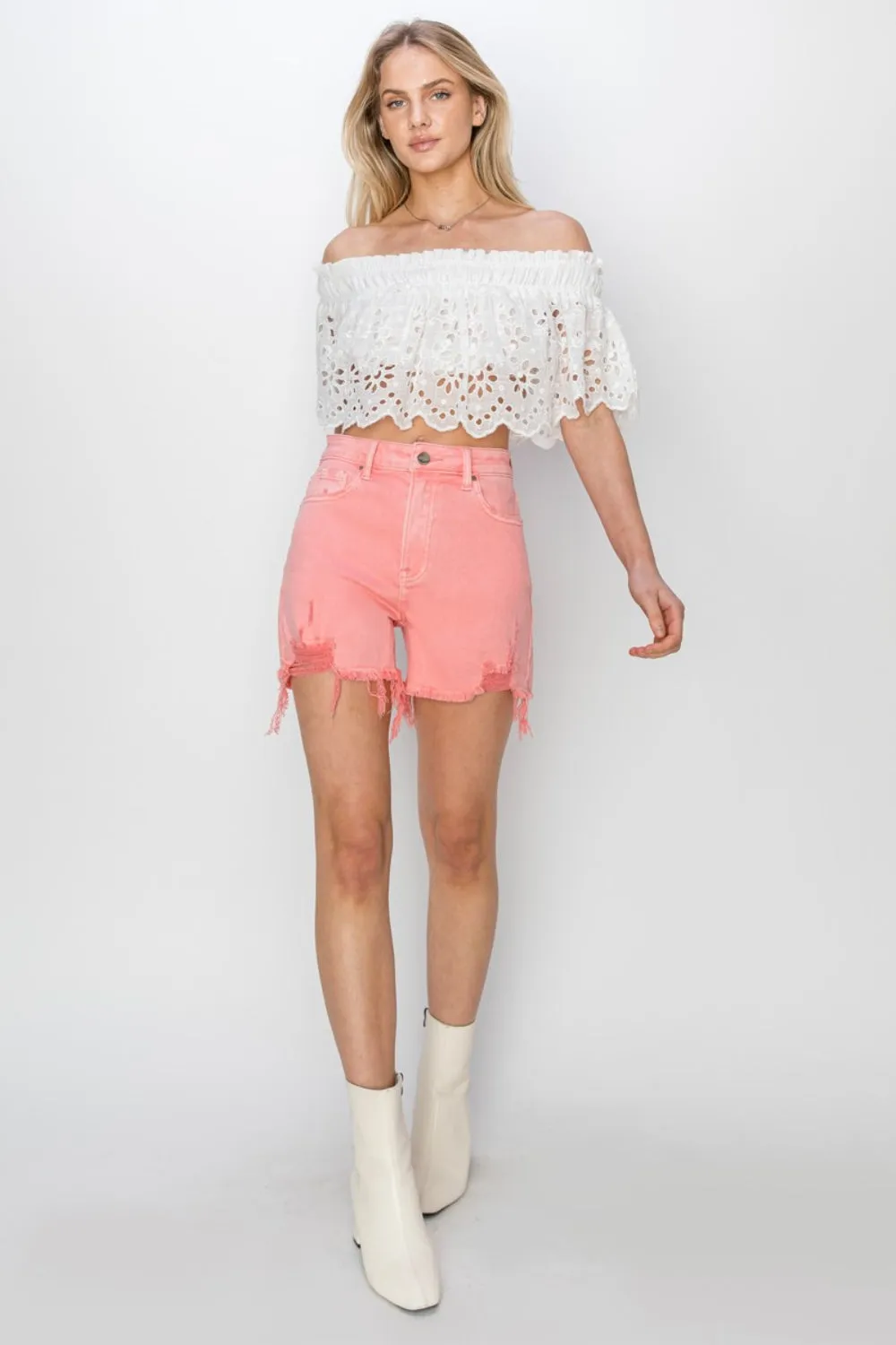 RISEN High Waisted Distressed Pink Washed Denim Jean Shorts