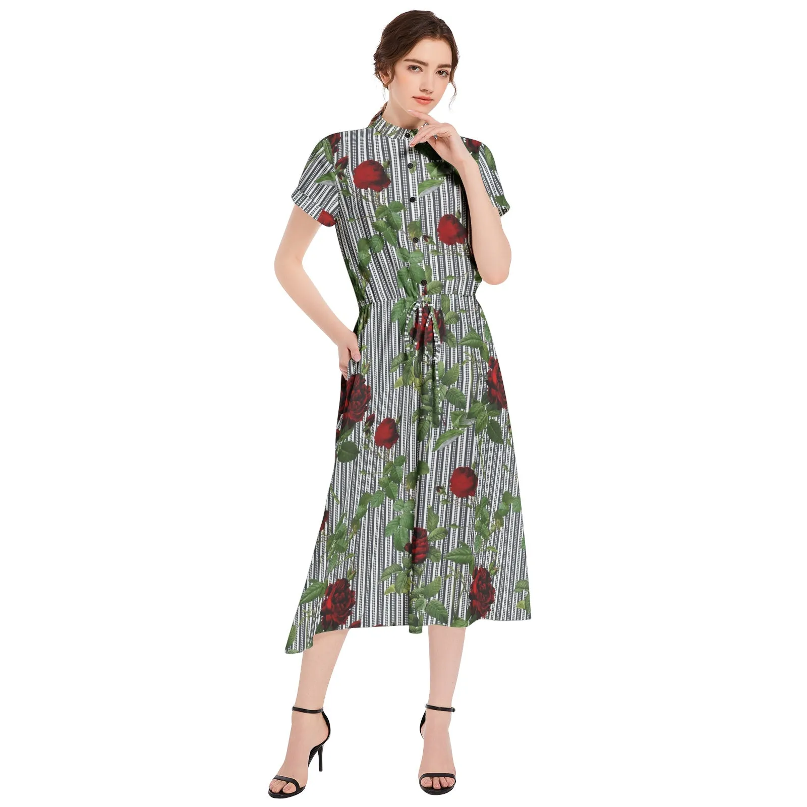 Rose Print Drawstring Waist A-line Flared Midi Dress