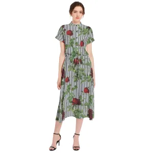 Rose Print Drawstring Waist A-line Flared Midi Dress