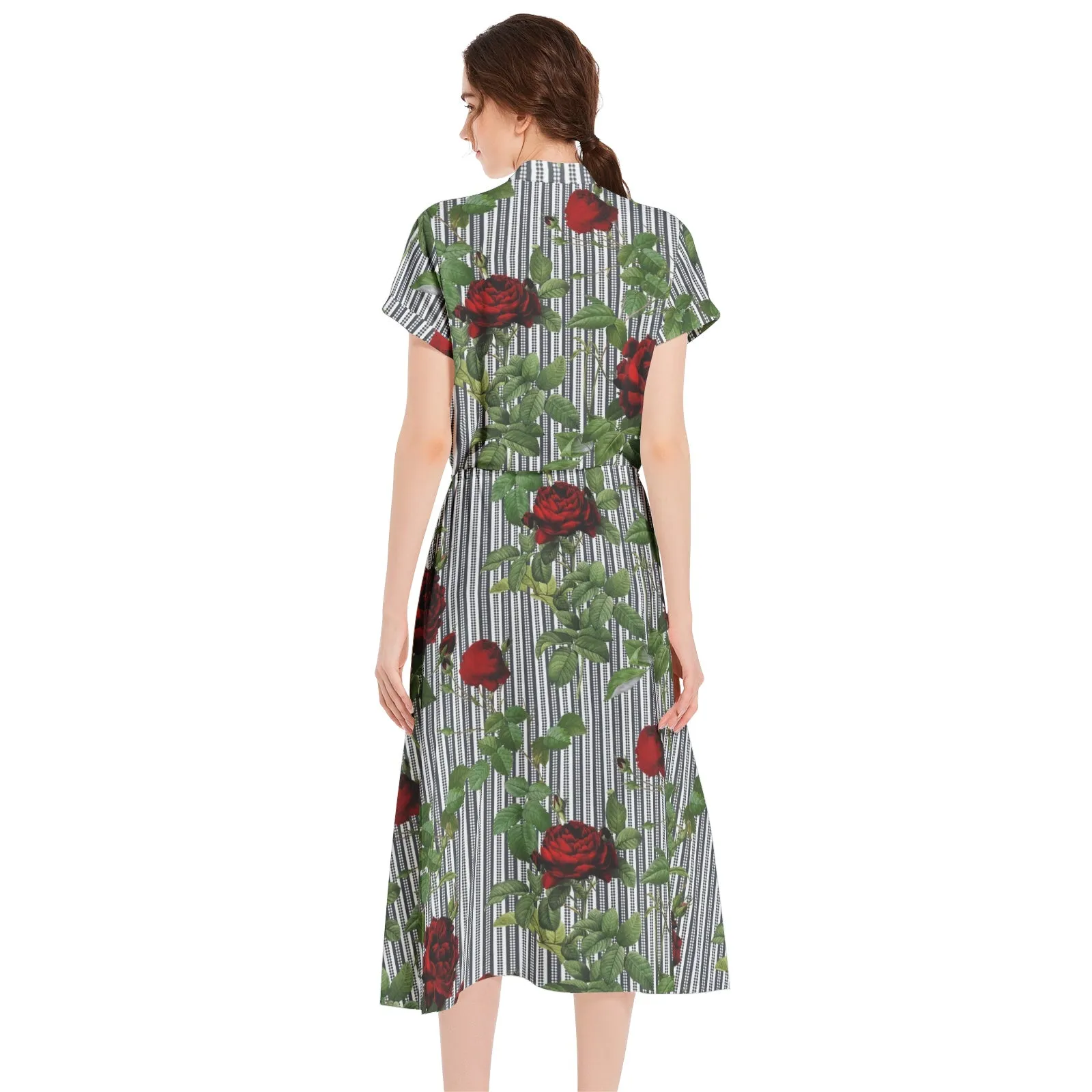Rose Print Drawstring Waist A-line Flared Midi Dress