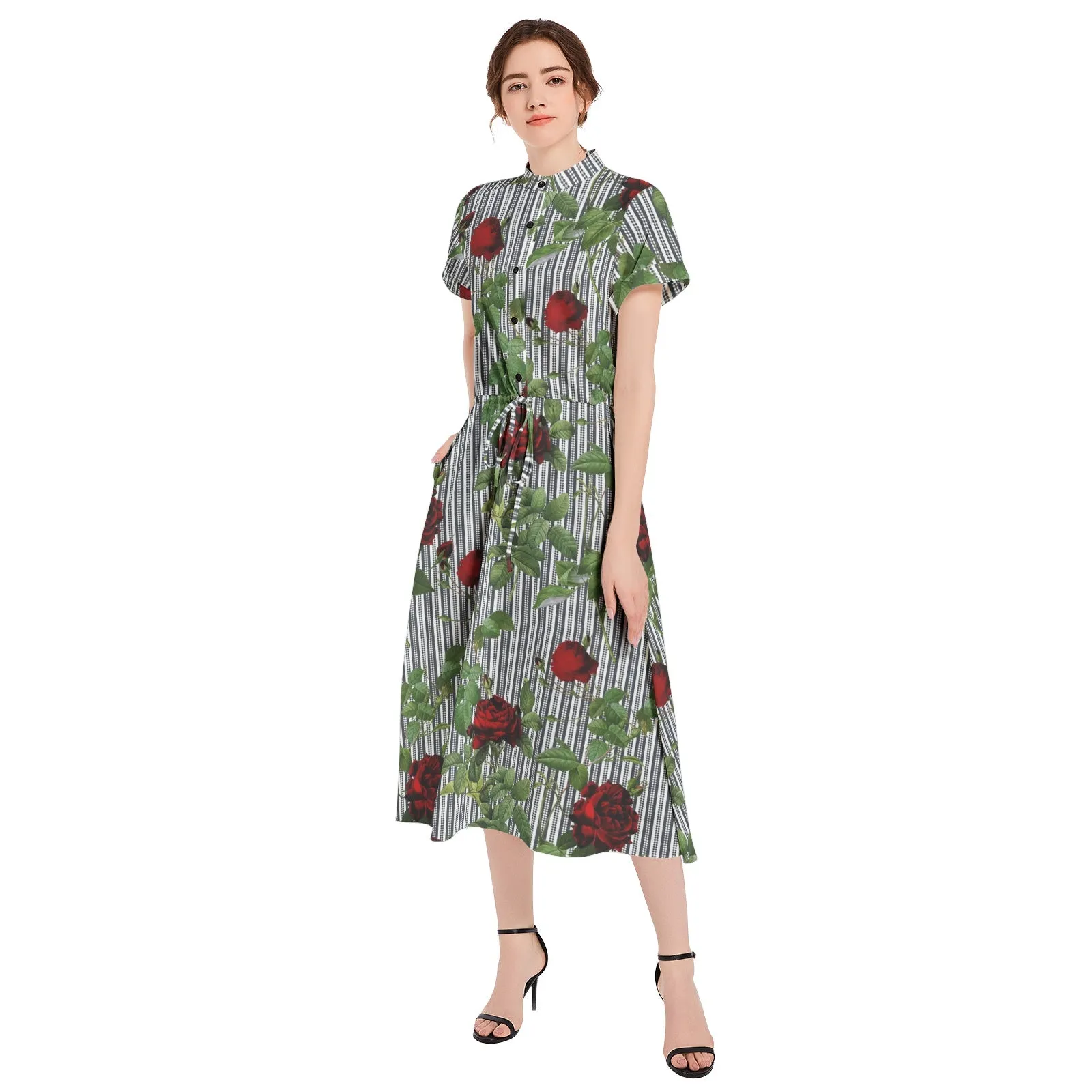 Rose Print Drawstring Waist A-line Flared Midi Dress