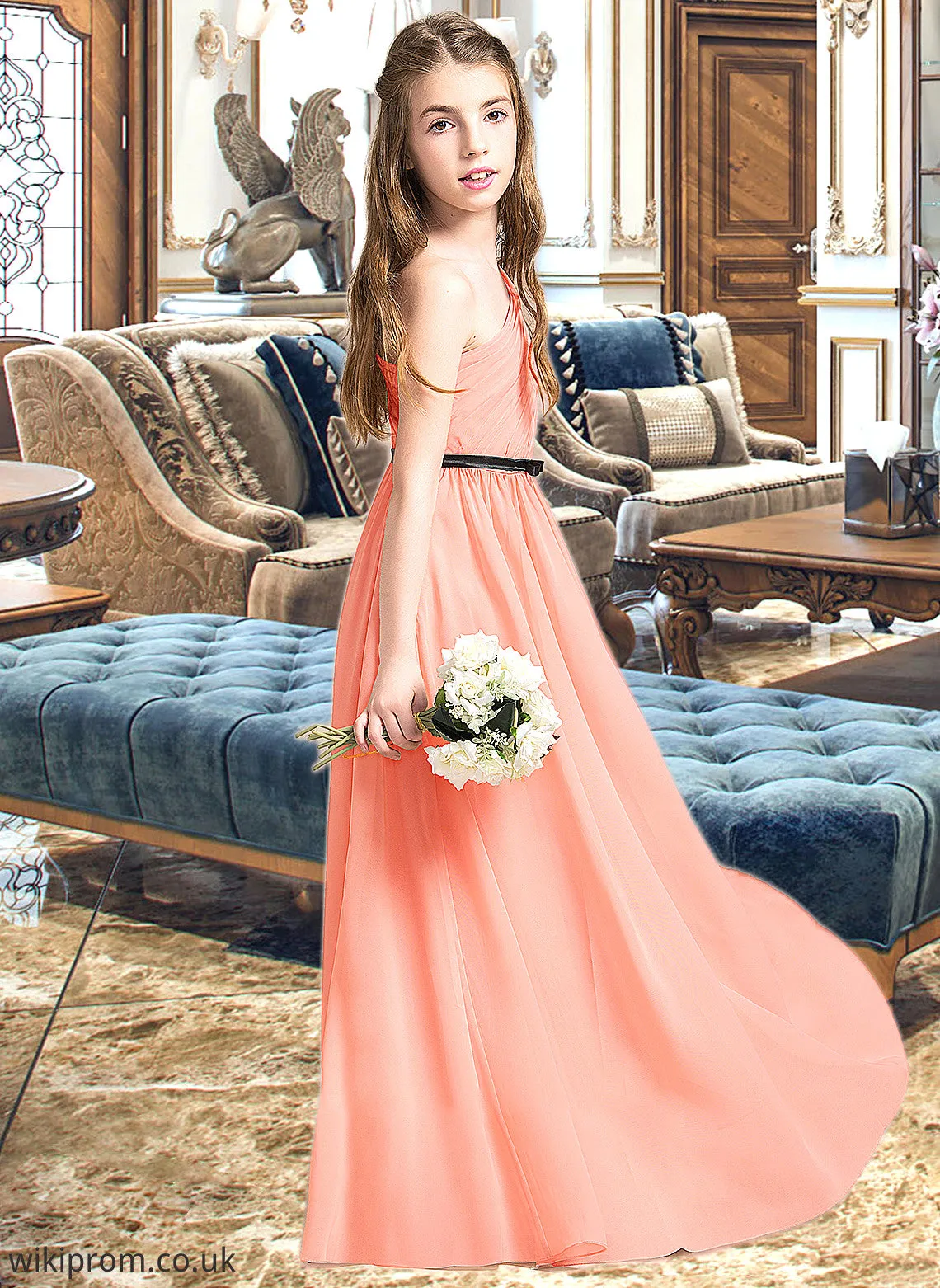 Sasha A-Line One-Shoulder Floor-Length Chiffon Junior Bridesmaid Dress With Ruffle Bow(s) SWKP0013570
