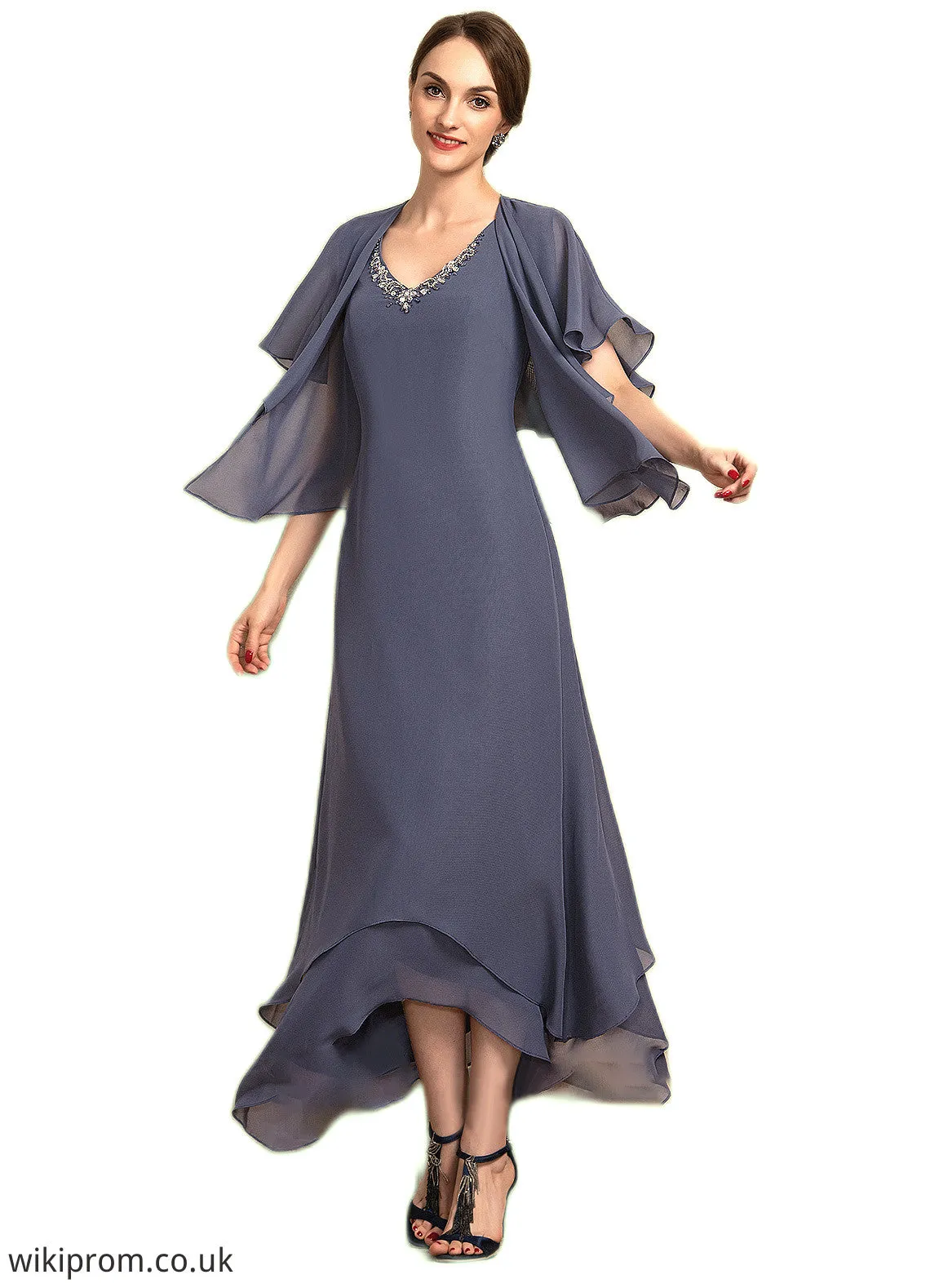 Scarlett A-line V-Neck Ankle-Length Chiffon Mother of the Bride Dress With Beading SWK126P0014655